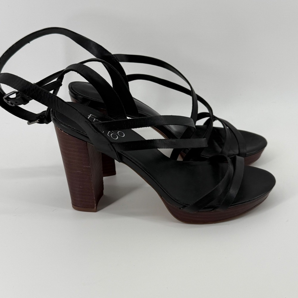 Franco Sarto Maryann Black‎ Leather Strappy Platform Block Heel Sandals Wom 7.5M